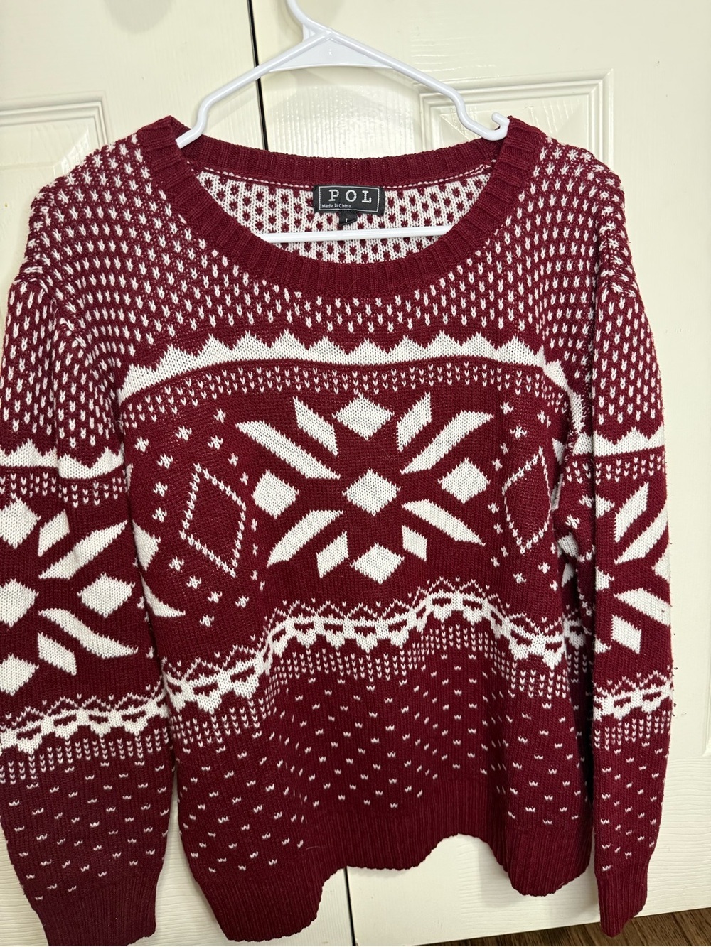 POL Sweater Women Large Burgundy Fair Isle Nordic Knit Cozy Winter